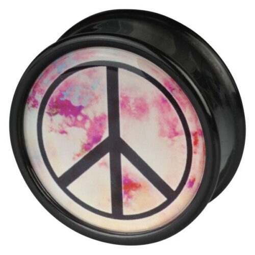Schwarzer Plug mit pinkem Peace-Zeichen auf weißem Hintergrund