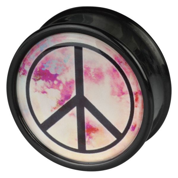 Schwarzer Plug mit pinkem Peace-Zeichen auf weißem Hintergrund