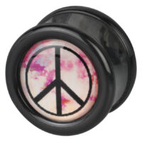 Schwarzer PMMA-Plug mit buntem Peace-Zeichen auf weißem Hintergrund