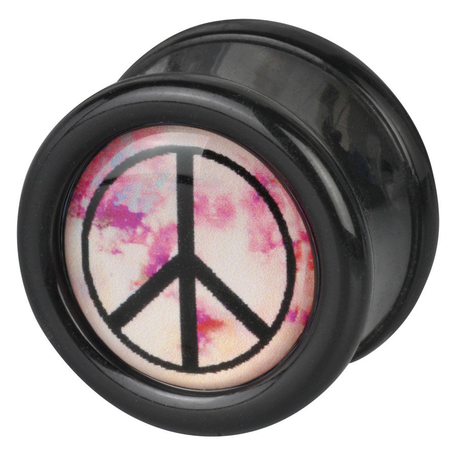 Schwarzer PMMA-Plug mit buntem Peace-Zeichen auf weißem Hintergrund