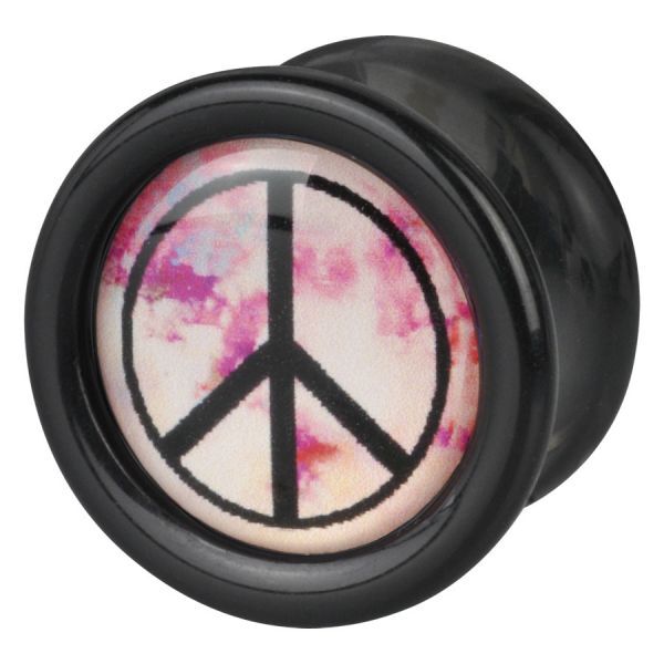 Schwarzer Plug mit rosa Peace-Zeichen auf weißem Hintergrund