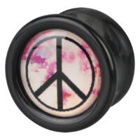 Schwarzer Plug mit rosafarbenem Peace-Zeichen und buntem Hintergrund