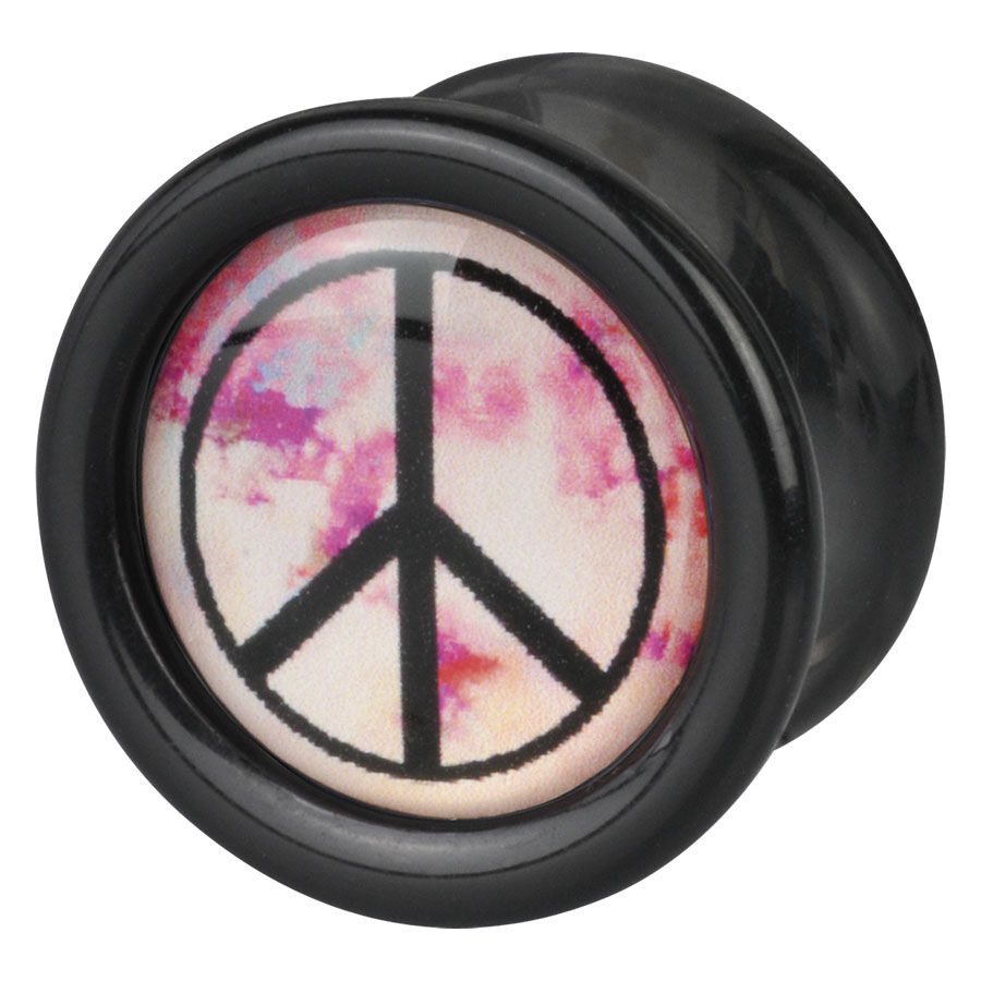 Schwarzer Plug mit rosafarbenem Peace-Zeichen und buntem Hintergrund