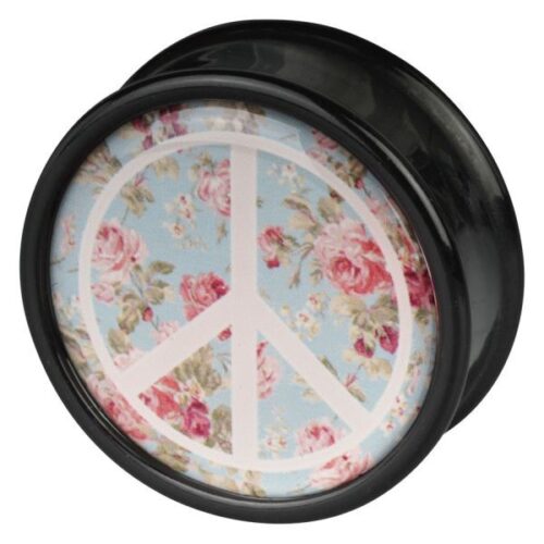 Schwarzer Plug mit Peace-Zeichen und Rosenmuster auf mintfarbenem Hintergrund