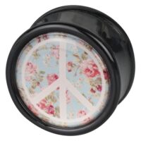 Peace Roses Mint Plug mit Blumenmuster Schwarzer Plug mit Peace-Zeichen und rosa Blumen auf mintfarbenem Hintergrund