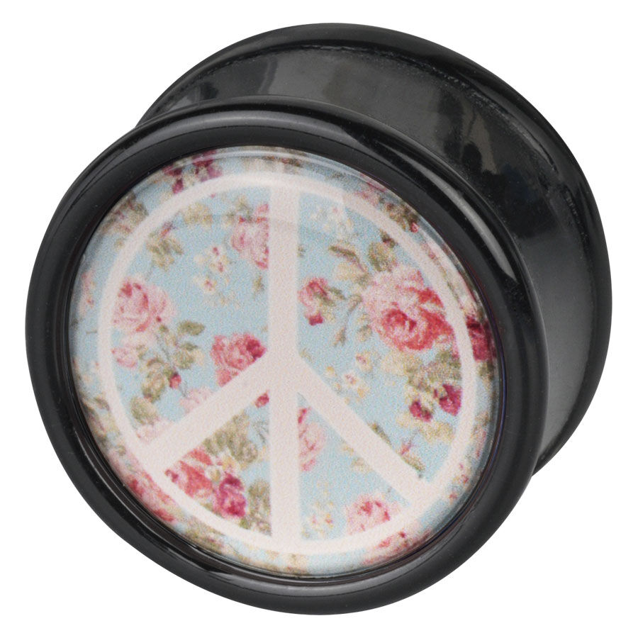 Wildcat Peace Roses Plug in Schwarz Schwarzer Plug mit Peace-Zeichen und Rosenmuster auf hellem Hintergrund