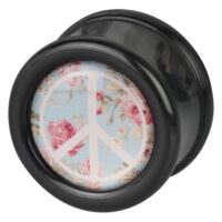 Stylischer Plug mit Peace-Rosen-Motiv Schwarzer Plug mit Peace-Zeichen und Rosenmuster auf hellblauem Hintergrund