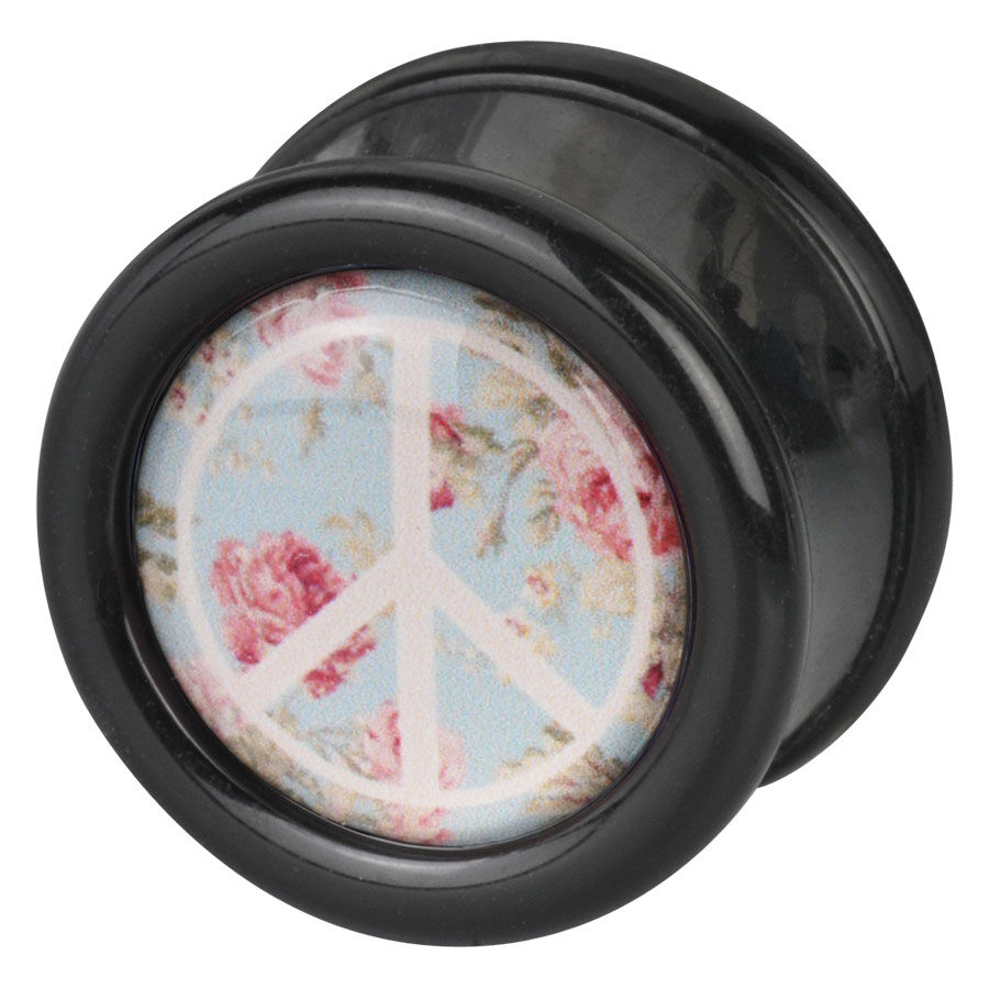Wildcat® Peace Roses Plug aus PMMA Schwarzer Wildcat® Plug mit Peace-Zeichen und Rosen auf hellblauem Hintergrund