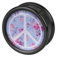 Peace Pink Roses Plug aus PMMA Schwarzer Plug mit Peace-Zeichen und rosa Blumen auf blauem Hintergrund