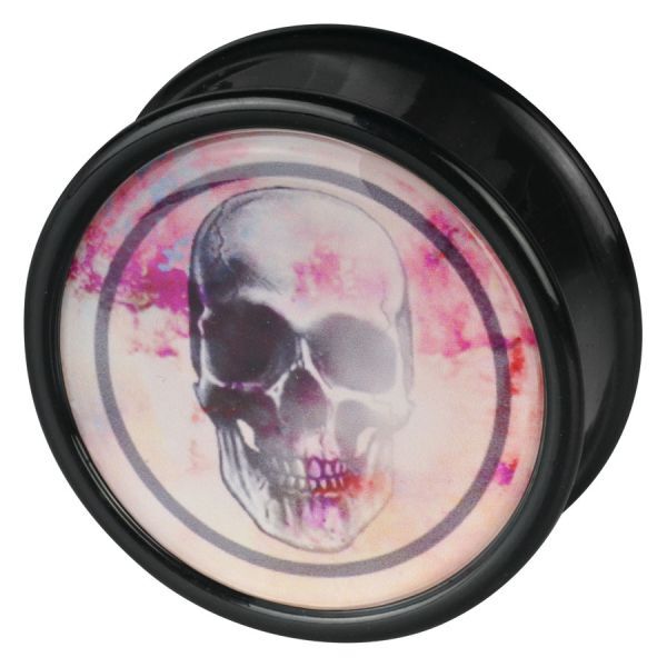 Schwarzer Plug mit rosa Schädel-Design Schwarzer Plug mit rosa Schädelmotiv auf weißem Hintergrund