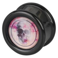 Schwarzer Plug mit pinkem Totenkopf-Motiv Runder schwarzer Plug mit pinkem Totenkopf-Design auf weißem Hintergrund
