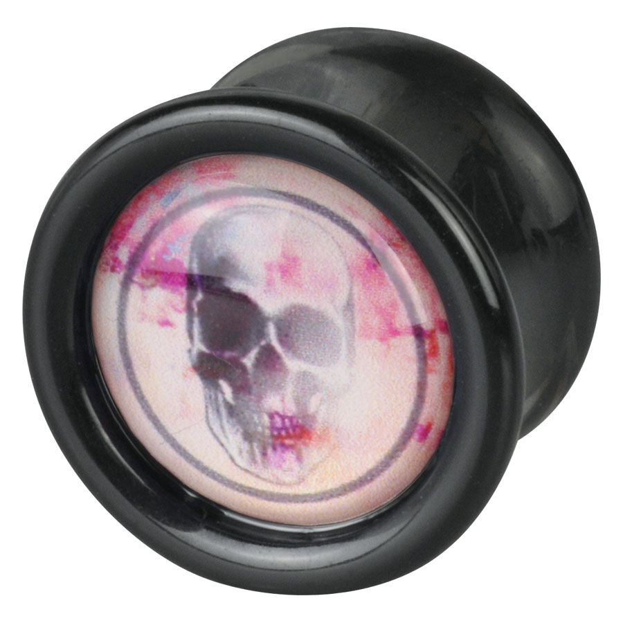 Schwarzer Plug mit pinkem Schädelmotiv Schwarzer PMMA Plug mit pinkem Schädelmotiv auf weißem Hintergrund