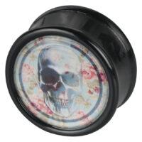 Schwarzer Plug mit Schädelmotiv und Rosen in Mint auf hellem Hintergrund