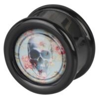 Schwarzer Plug mit Schädel- und Rosenmotiv auf hellem Hintergrund