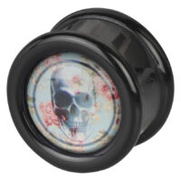 Schwarzer PMMA-Plug mit Totenkopfmotiv und Rosenmuster auf hellem Hintergrund