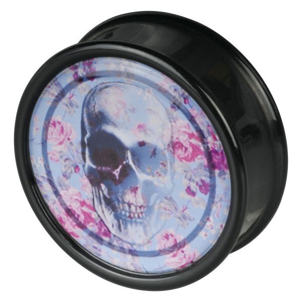 Schädel Plug mit pinken Rosen auf blauem Hintergrund Schwarzer Plug mit Schädelmotiv, pinke Rosen und blauer Hintergrund