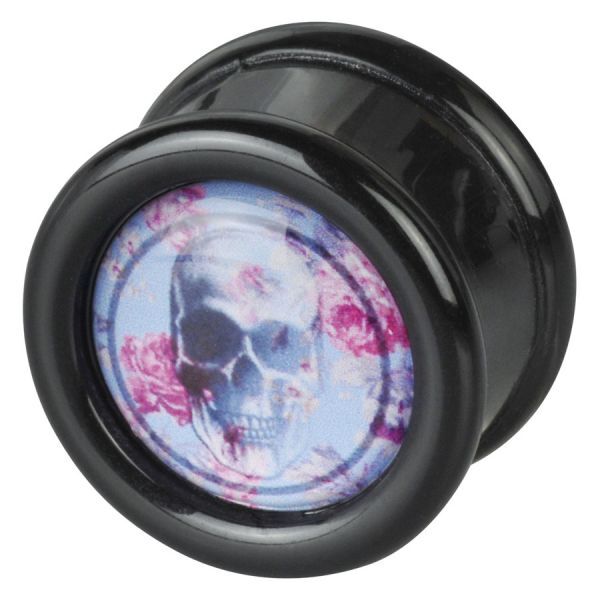 Schwarzer Plug mit Totenkopf und Rosen Schwarzer PMMA Plug mit Totenkopf und rosa Rosen auf blauem Hintergrund