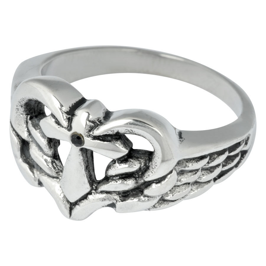 Silberner Love and Believe Ring mit Kreuz Silberner Ring mit Kreuz und Flügeln, schwarzer Kristall, Chirurgenstahl
