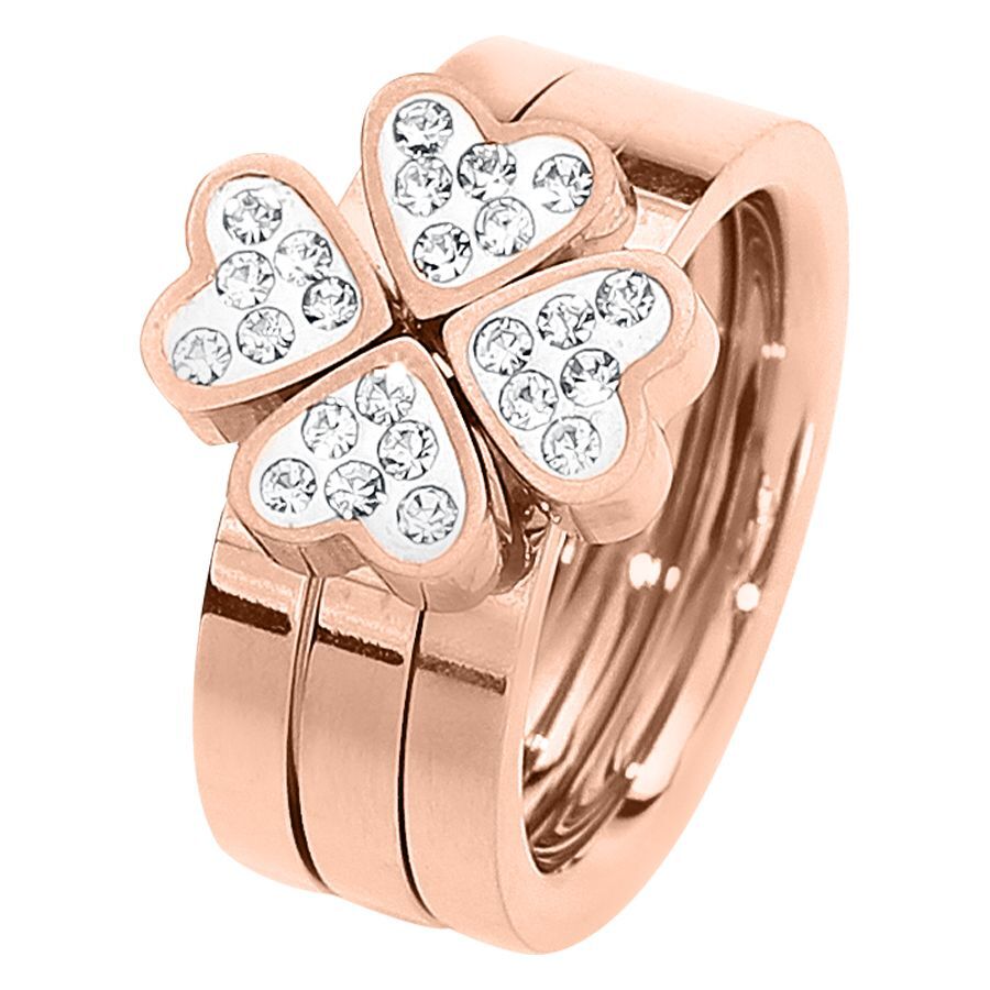 Kleeblatt Freundschaftsring Roségold Roségoldener Kleeblatt-Ring mit klaren Kristallen auf weißem Hintergrund