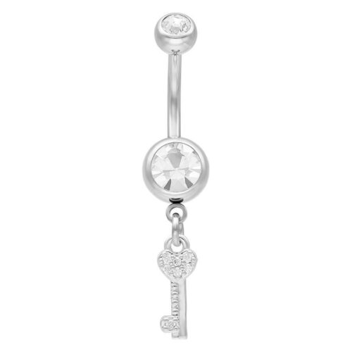 Silbernes Bauchnabelpiercing mit Schlüsselanhänger und Zirkonia auf weißem Hintergrund