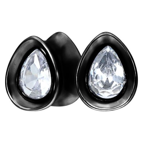 Zwei schwarze Ohrplugs mit ovalem, kristallklarem Stein auf weißem Hintergrund