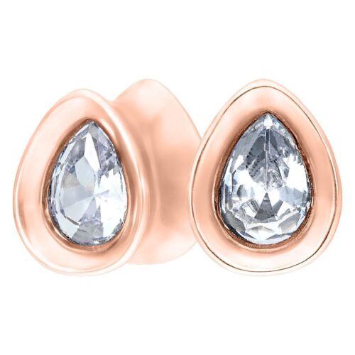 Roségoldene Plugs mit ovalem kristallklarem Stein auf weißem Hintergrund