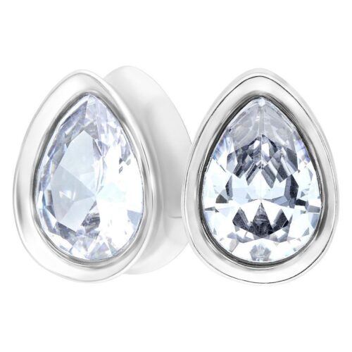 Zwei ovale Kristall Plugs in Silber auf weißem Hintergrund
