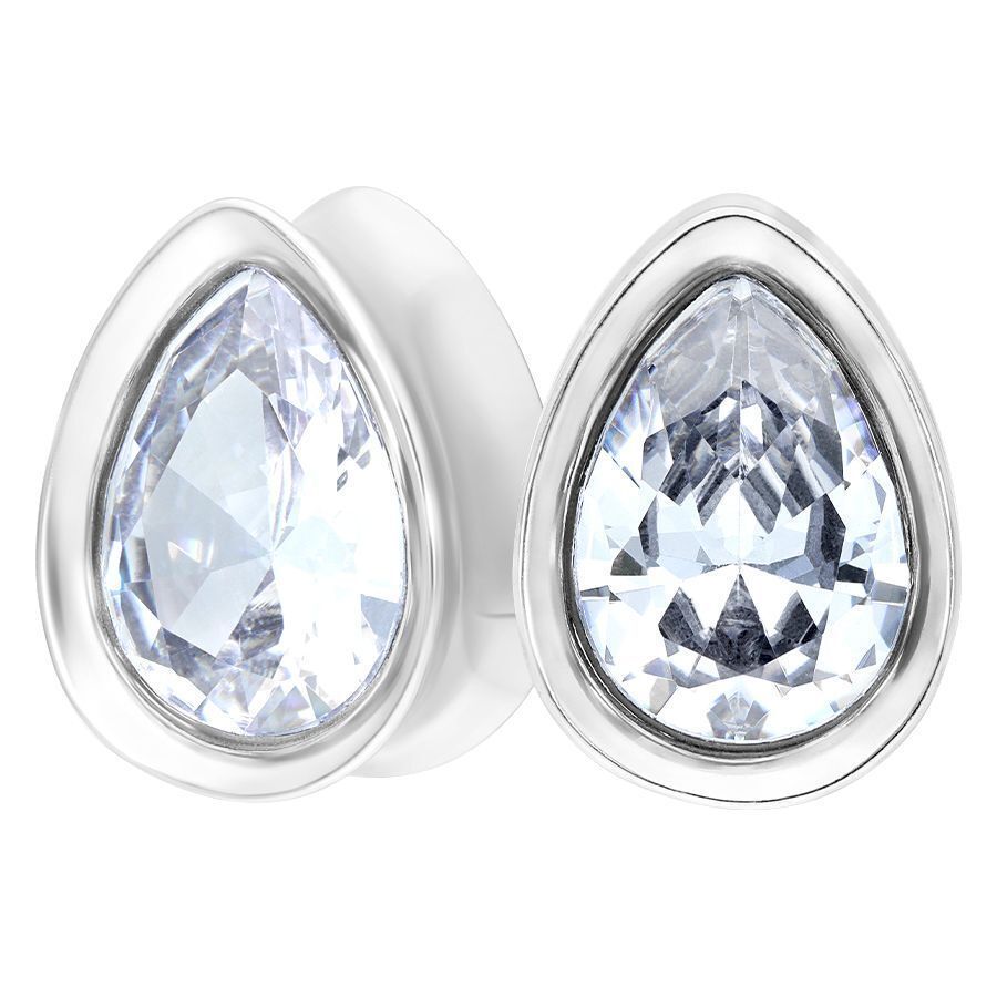 Zwei ovale Kristall Plugs in Silber auf weißem Hintergrund