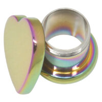 Goldener Rainbow Herz Plug aus Chirurgenstahl Goldener Plug mit Herzform und Regenbogen-Effekt auf weißem Hintergrund
