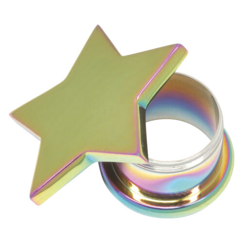 Goldener Plug mit Stern in Regenbogenfarben auf weißem Hintergrund
