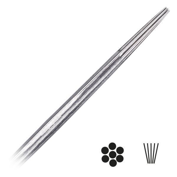 Silberne runde Tattoonadel mit Long Taper auf weißem Hintergrund