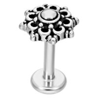 Silbernes Mandala Labret aus Chirurgenstahl Silbernes Labret mit Mandala-Design auf weißem Hintergrund