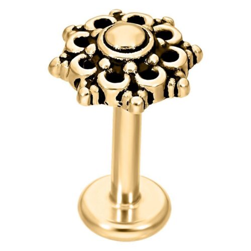 Goldenes Labret mit Mandala-Design, aus Chirurgenstahl, auf weißem Hintergrund