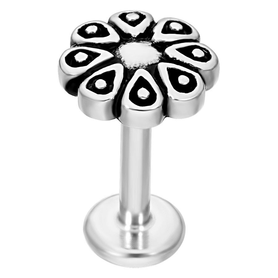 Blossom Labret aus Chirurgenstahl in Silber Silbernes Labret mit blumenförmigem Design auf weißem Hintergrund