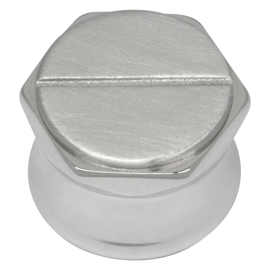 Silberner Plug in Schraubenkopf-Form, glatte Oberfläche, neutraler Hintergrund