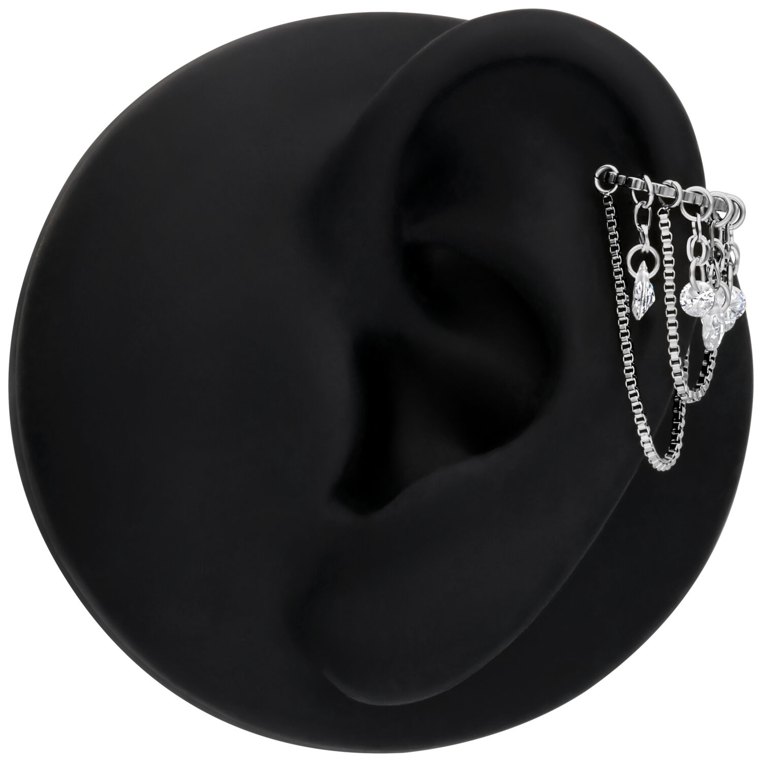 Silberner Crystal Snakechain Clicker Ohrpiercing Silberner Clicker mit kristallklaren Steinen an schwarzem Ohrmodell
