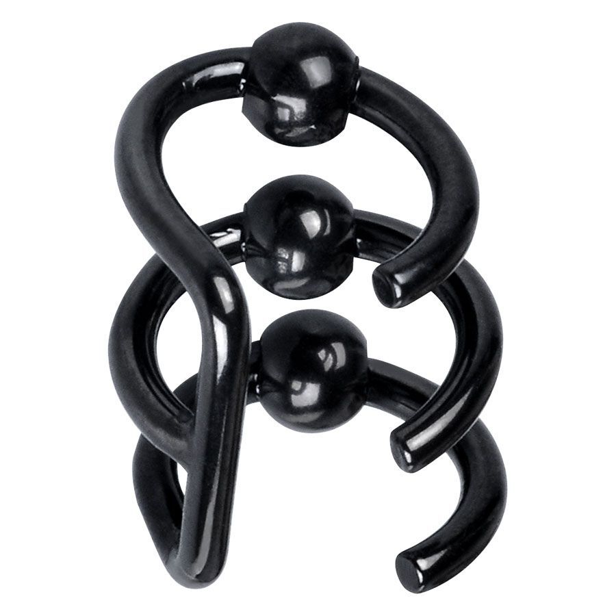 Schwarze Ohrstecker aus Chirurgenstahl Drei schwarze Ohrstecker aus Chirurgenstahl in Spiralform auf weißem Hintergrund