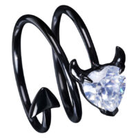 Devil Heart Ring in Kristallklar, Größe 48 Schwarzer Ring aus Chirurgenstahl mit kristallklarem Herz und Teufelshörnern