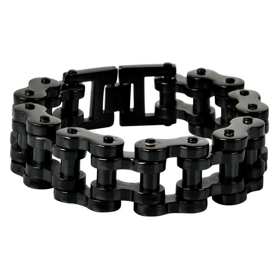 Schwarzes Armband Bikechain aus Stahl Schwarzes Bikechain Armband aus Chirurgenstahl 316L auf weißem Hintergrund