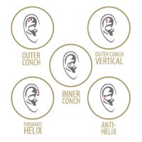 Grafik für Triple Piercing Platzierung am Ohr Illustration von Ohr mit markierten Piercing-Stellen für Triple Piercing in verschiedenen Positionen.