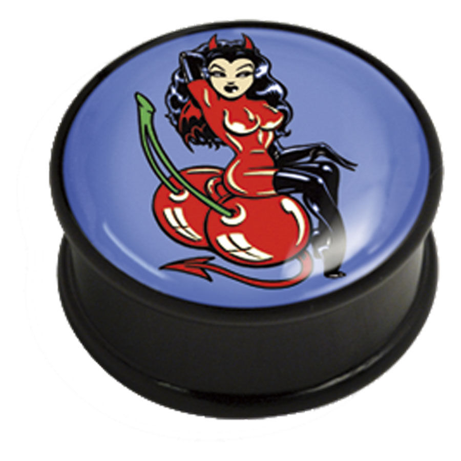 Icon Devilette Plug aus PMMA Schwarzer Plug mit Devilette-Design auf blauem Hintergrund