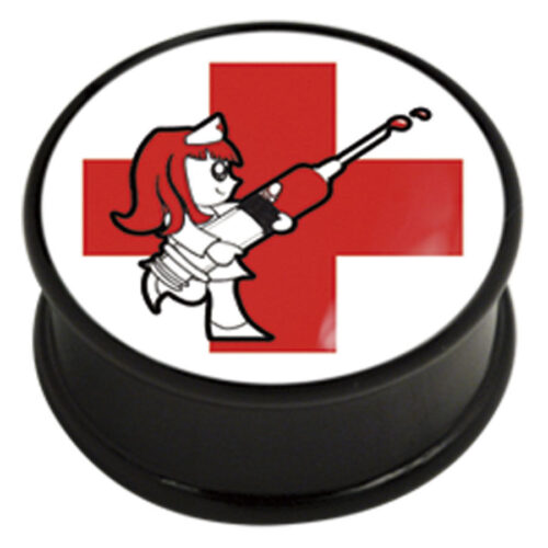 Schwarzer Plug mit Comic-Krankenschwester vor rotem Kreuz auf weißem Hintergrund