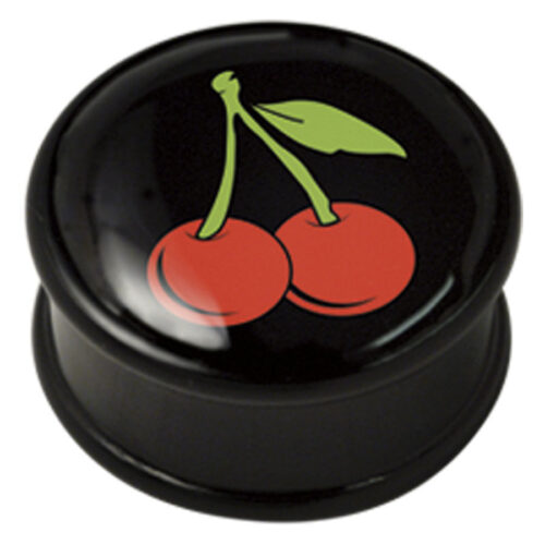 Schwarzer Ohrplug mit rotem Kirschmotiv und grünem Blatt