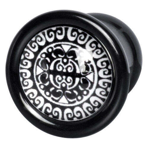 Schwarzer PMMA Plug mit weißem, maorischem Muster, Ohrschmuck