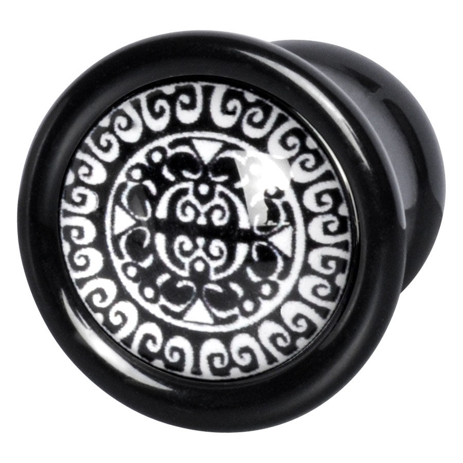 Wildcat® Nachtschwärmer Plug, Schwarz-Weiß, 14-28mm Schwarzer PMMA Plug mit weißem, maorischem Muster, Ohrschmuck
