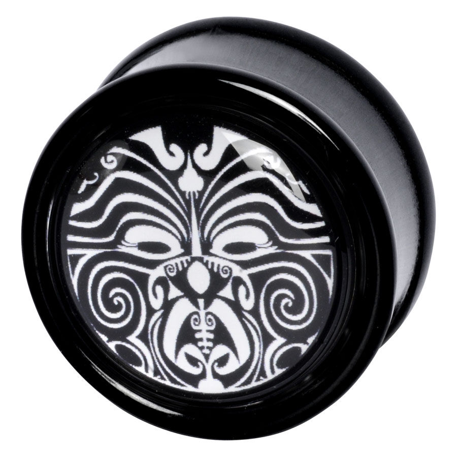 Wildcat Sturmkrieger Plug, schwarz-weiß Schwarzer PMMA Plug mit weißem Maori-Muster, runde Form