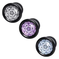 Wildcat Zendala Flower Plug in Schwarz/Weiß, Türkis, Violett Drei Wildcat Zendala Flower Plugs in Schwarz/Weiß, Violett und Türkis auf weißem Hintergrund