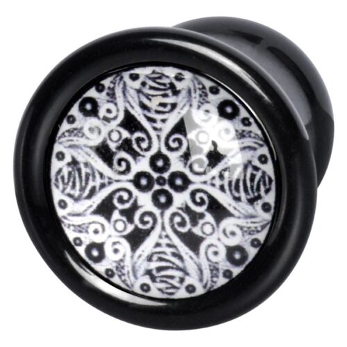 Schwarz/weißer Cocoon Plug aus PMMA, Größe 8,0 mm, auf neutralem Hintergrund