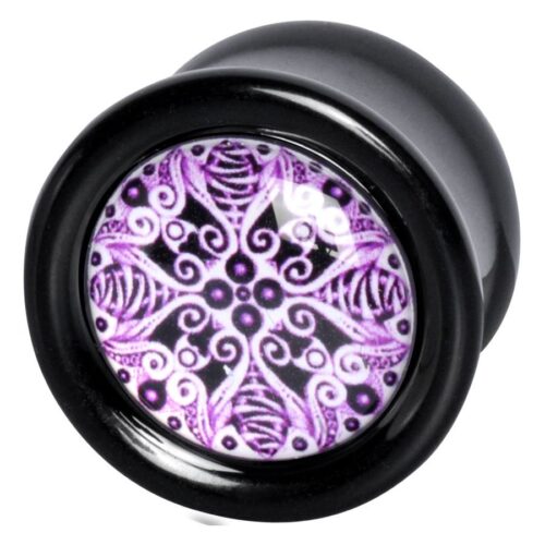 Cocoon Plug in Violett, 10mm, mit schwarzem Rand und Mandala-Muster