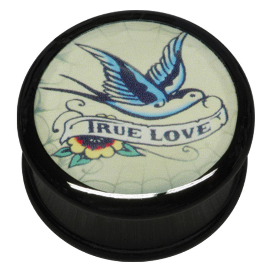 Wildcat True Love Plug mit Schwalbenmotiv Schwarzer PMMA Plug mit Schwalbenmotiv und True Love Schriftzug